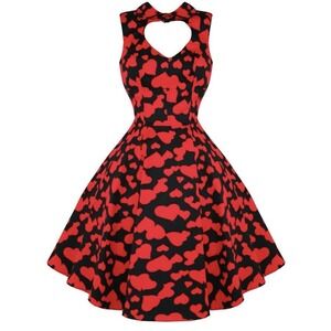 H&R London Women's Dress Red & Black Heart Print 1950's Vintage Pin-up Swing 12